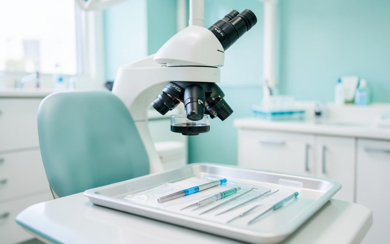 Mikroskop zabiegowy i narzędzia endodontyczne w gabinecie stomatologicznym mDENT w Krakowie