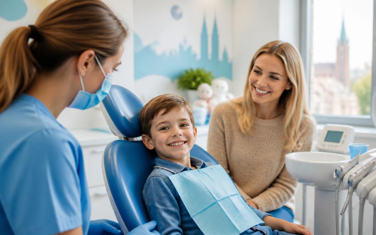 Uśmiechnięte dziecko w fotelu dentystycznym podczas pierwszej wizyty w gabinecie mDENT Kraków